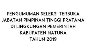 Read more about the article Pengumuman Seleksi Terbuka JPTP di Lingkungan Pemerintah Kabupaten Natuna Tahun 2019
