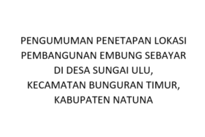 Read more about the article PENGUMUMAN PENETAPAN LOKASI PEMBANGUNAN EMBUNG SEBAYAR DI DESA SUNGAI ULU, KECAMATAN BUNGURAN TIMUR, KABUPATEN NATUNA