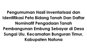 Read more about the article Pengumuman Hasil Inventarisasi dan Identifikasi Peta Bidang Tanah Dan Daftar Nominatif Pengadaan Tanah Pembangunan Embung Sebayar
